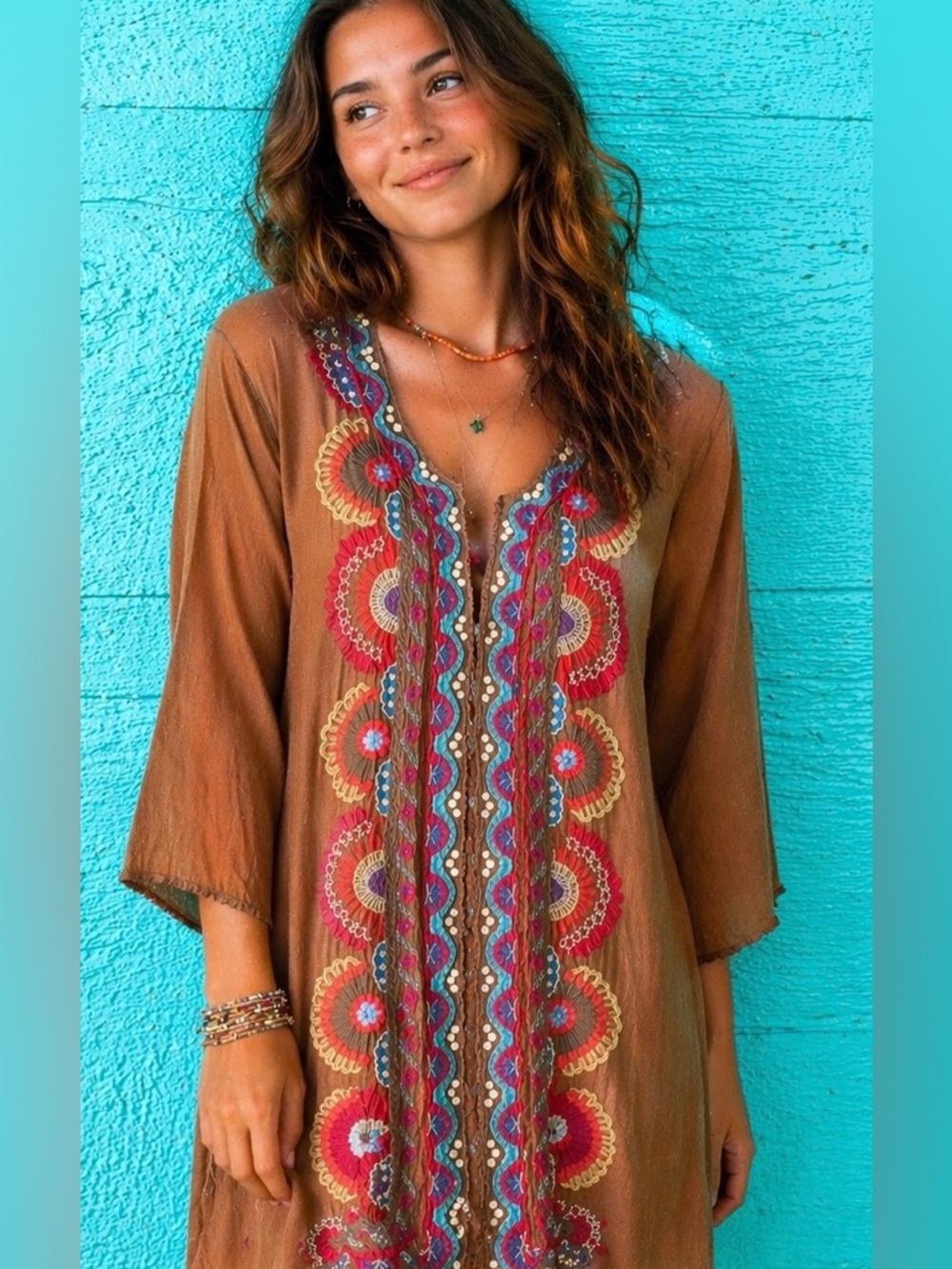 Johnny Was Brown Midi Dress with Multicolor Embroidery